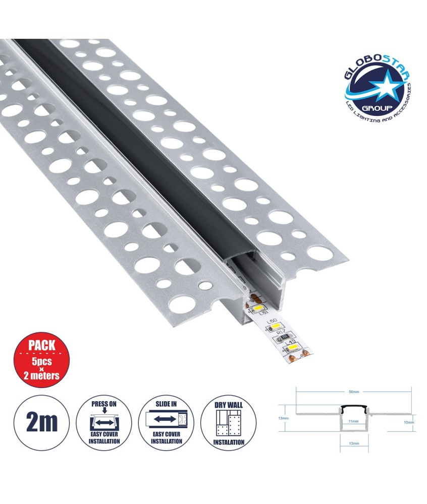 GloboStar® PLASTERBOARD-PROFILE 70839-2M Προφίλ Αλουμινίου - Βάση & Ψύκτρα Ταινίας LED με Μαύρο Φιμέ Κάλυμμα - Χωνευτή Χρήση σε Γυψοσανίδα - Trimless - Πατητό Κάλυμμα - Ασημί - 2 Μέτρα - Πακέτο 5 Τεμαχίων - Μ200 x Π5.6 x Υ1.5cm